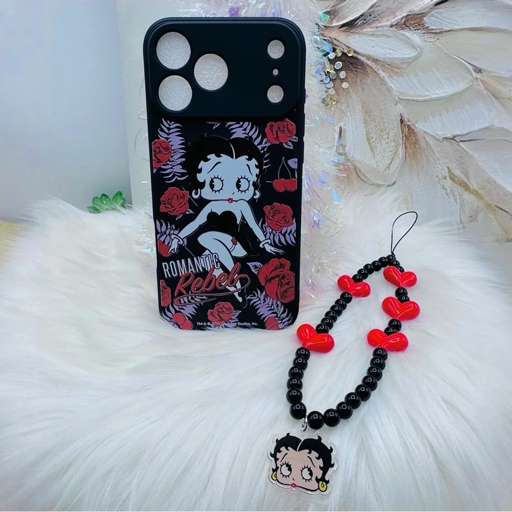 Betty Boop iPhone 17 Pro Max Case with Phone lanyard, Black & Red Theme
